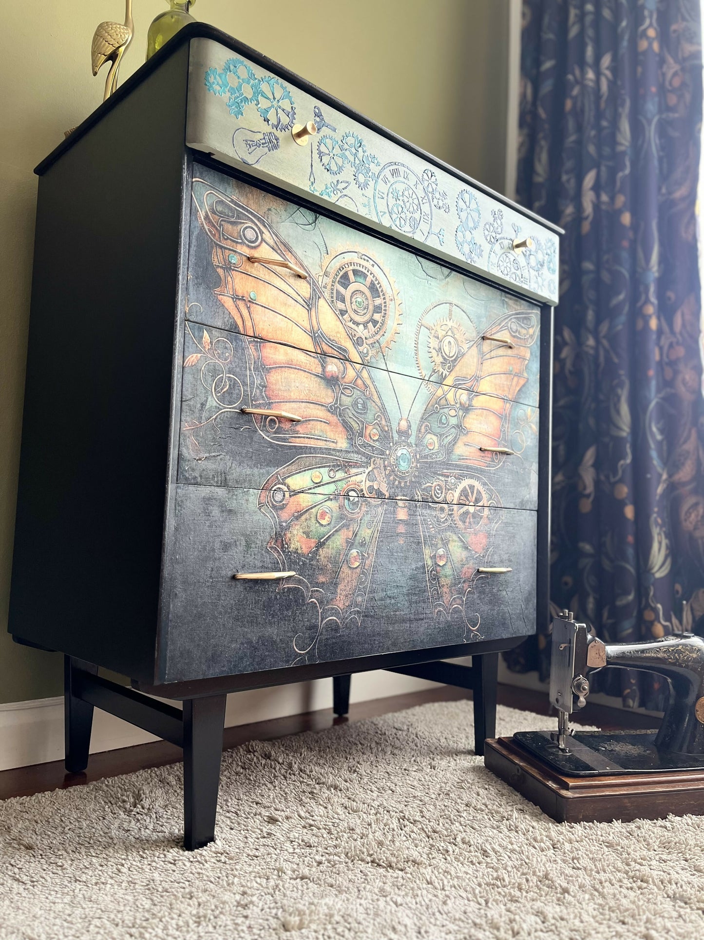 Steampunk butterfly design black MCM chest of drawers