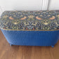 Mid century bright blue repainted ottoman with new William Morris style fabric