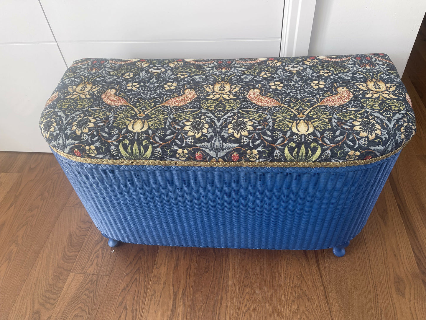 Mid century bright blue repainted ottoman with new William Morris style fabric