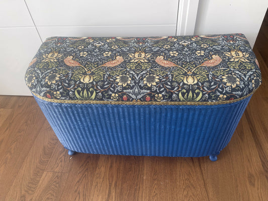 Mid century bright blue repainted ottoman with new William Morris style fabric