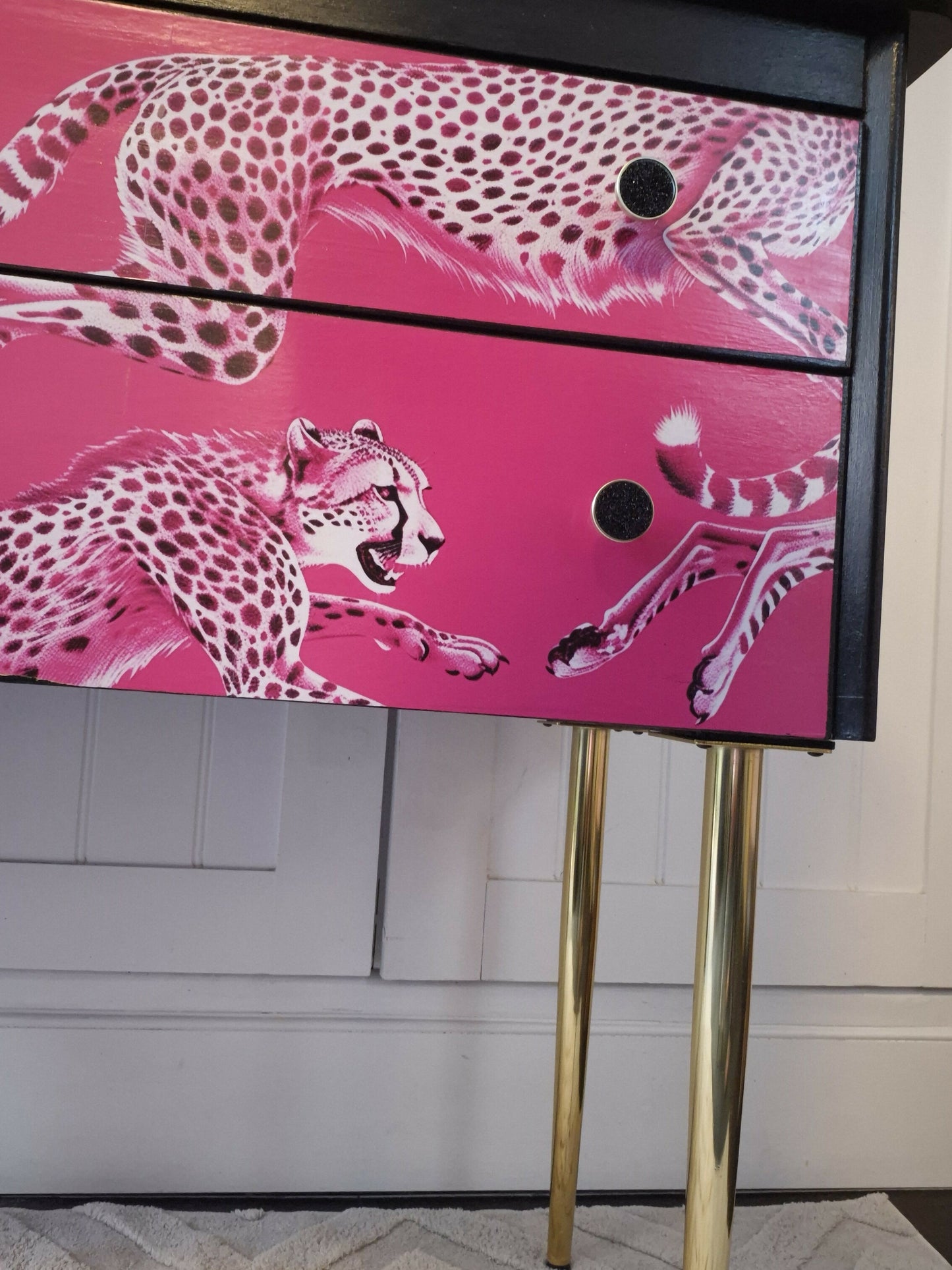 Hand Painted Vintage Mid-Century Modern Chest of Drawers: Black and Hot Pink Cheetah design
