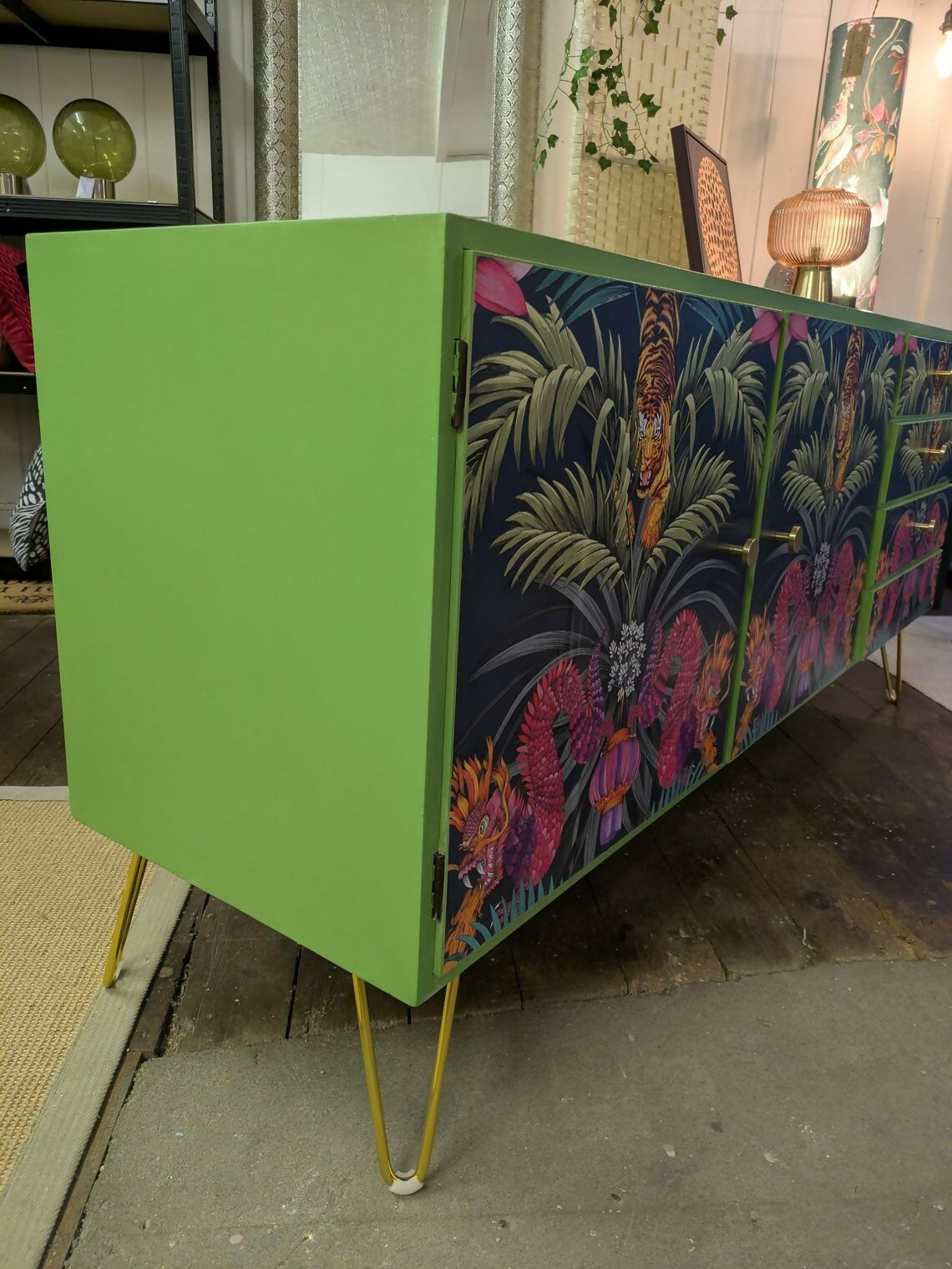 Mid century Sideboard or Cocktail cabinet. Upcycled Painted Blue, Oriental Dragons Commission Piece