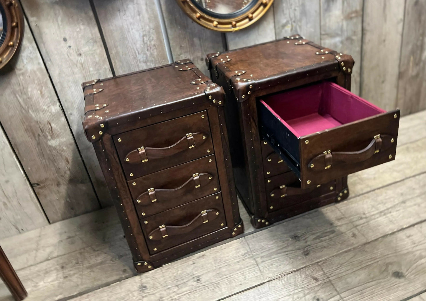 Vintage Handcrafted English Oak Leather Nightstands – Luxury Bedside Tables (Set of 2)