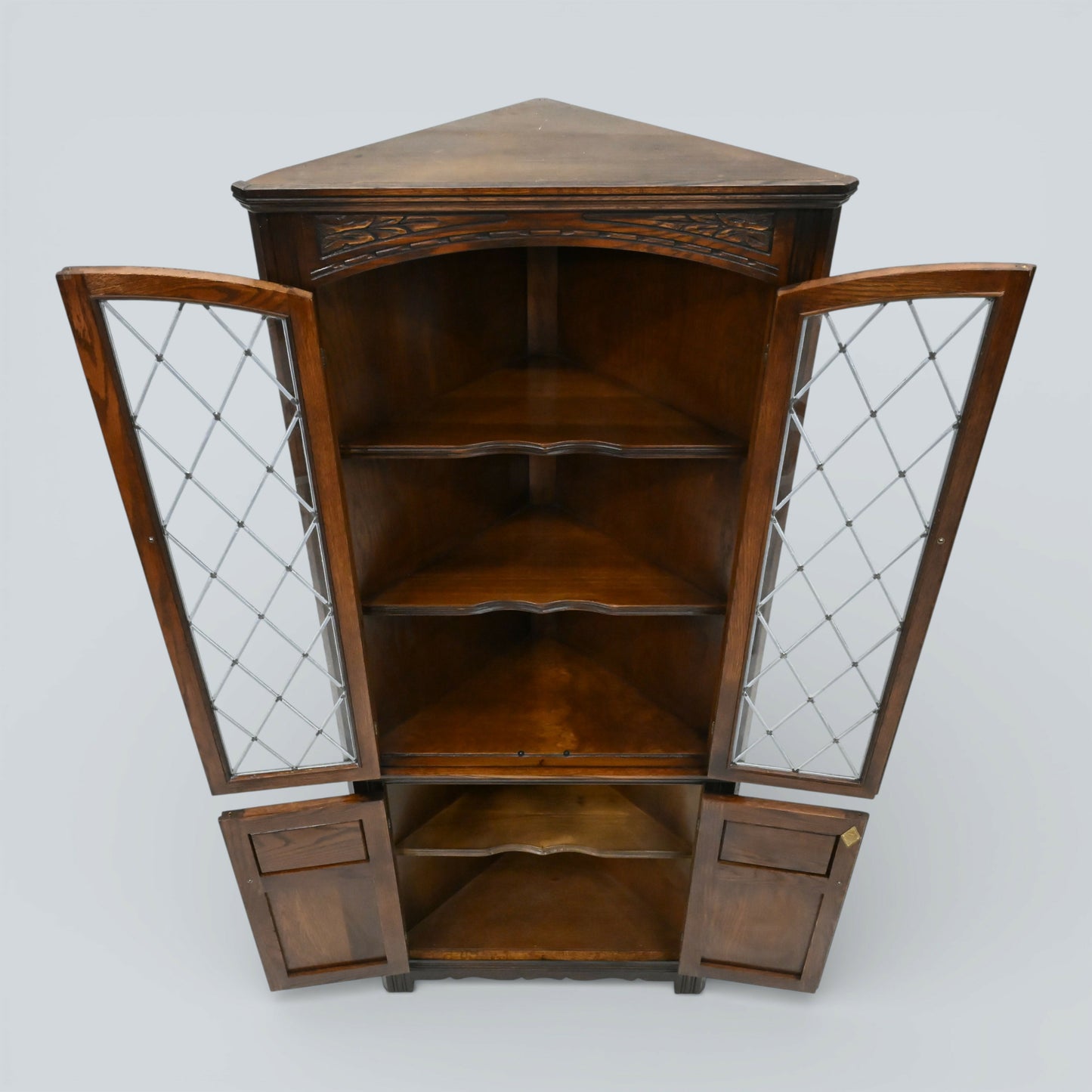 Old Charm Corner Display Cabinet Leaded Glass Doors Tudor Brown FREE UK Delivery