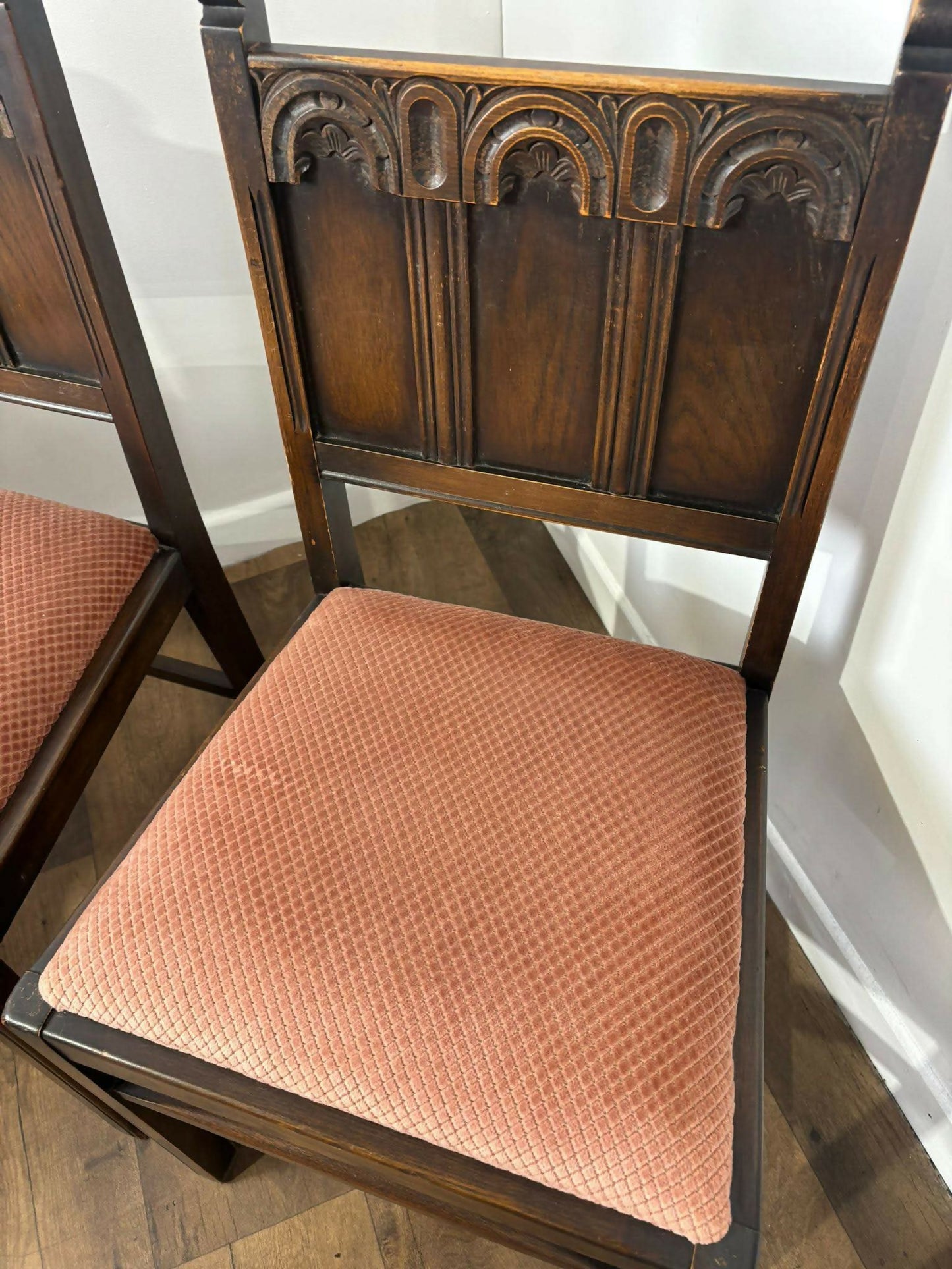 Vintage Set Of Four Oak Priory Style Dining Chairs