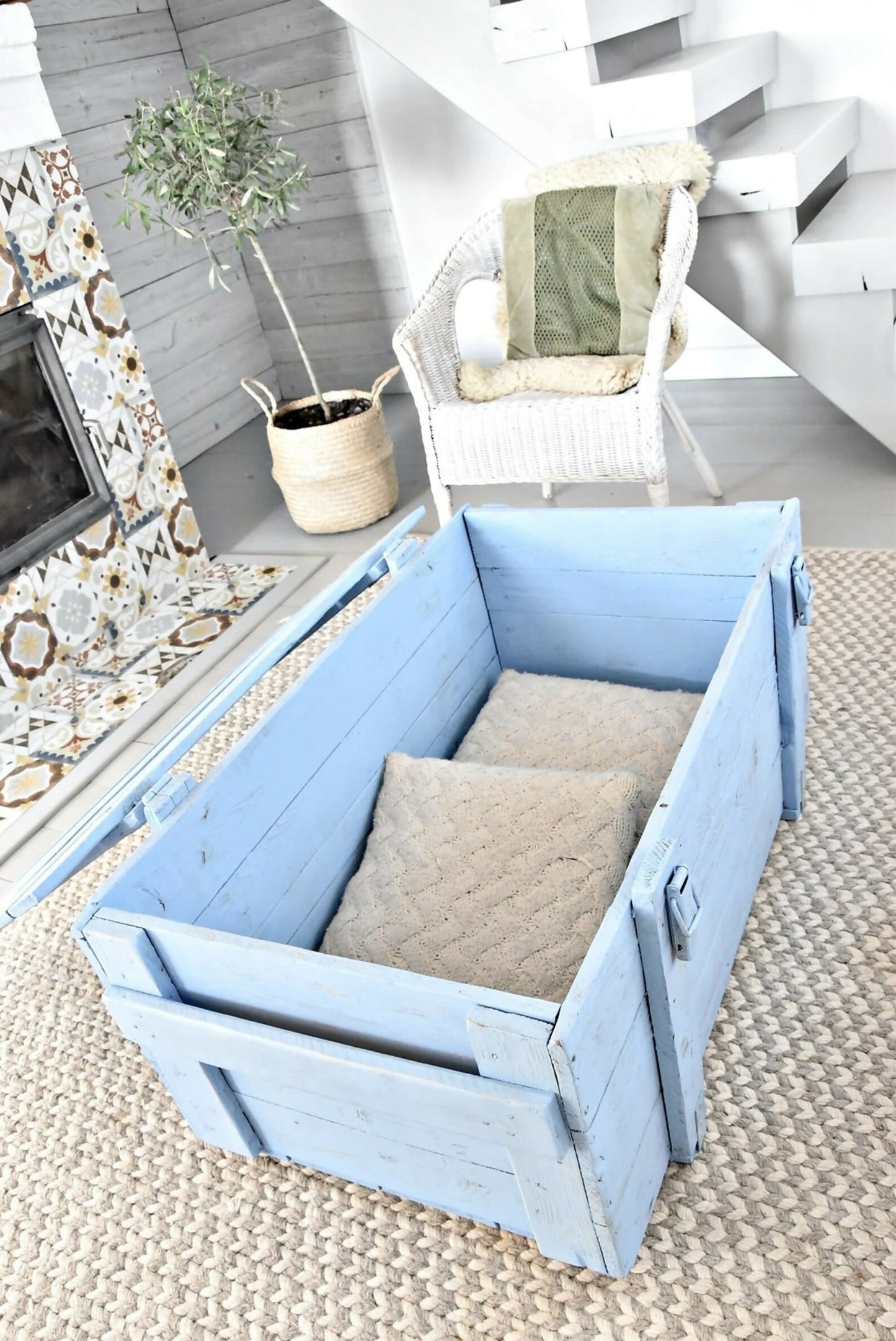Pastel Blue Vintage Military Chest Coffee Table – Reclaimed Solid Wood Army Trunk Storage Table, Rustic Farmhouse Coffee Table