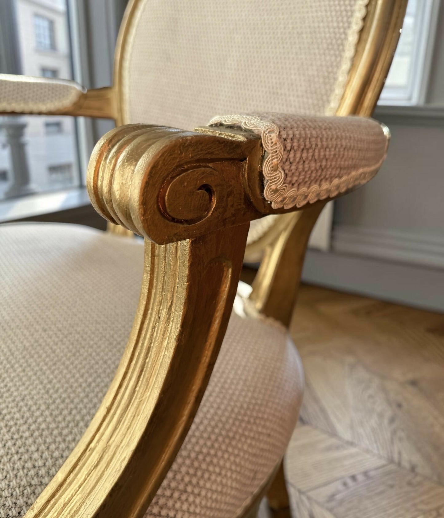 Stunning pair of freshly upholstered Louis XVI antique armchairs