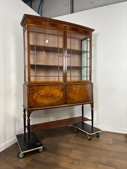 Large Edwardian Inlaid Walnut Bow Front Display Cabinet