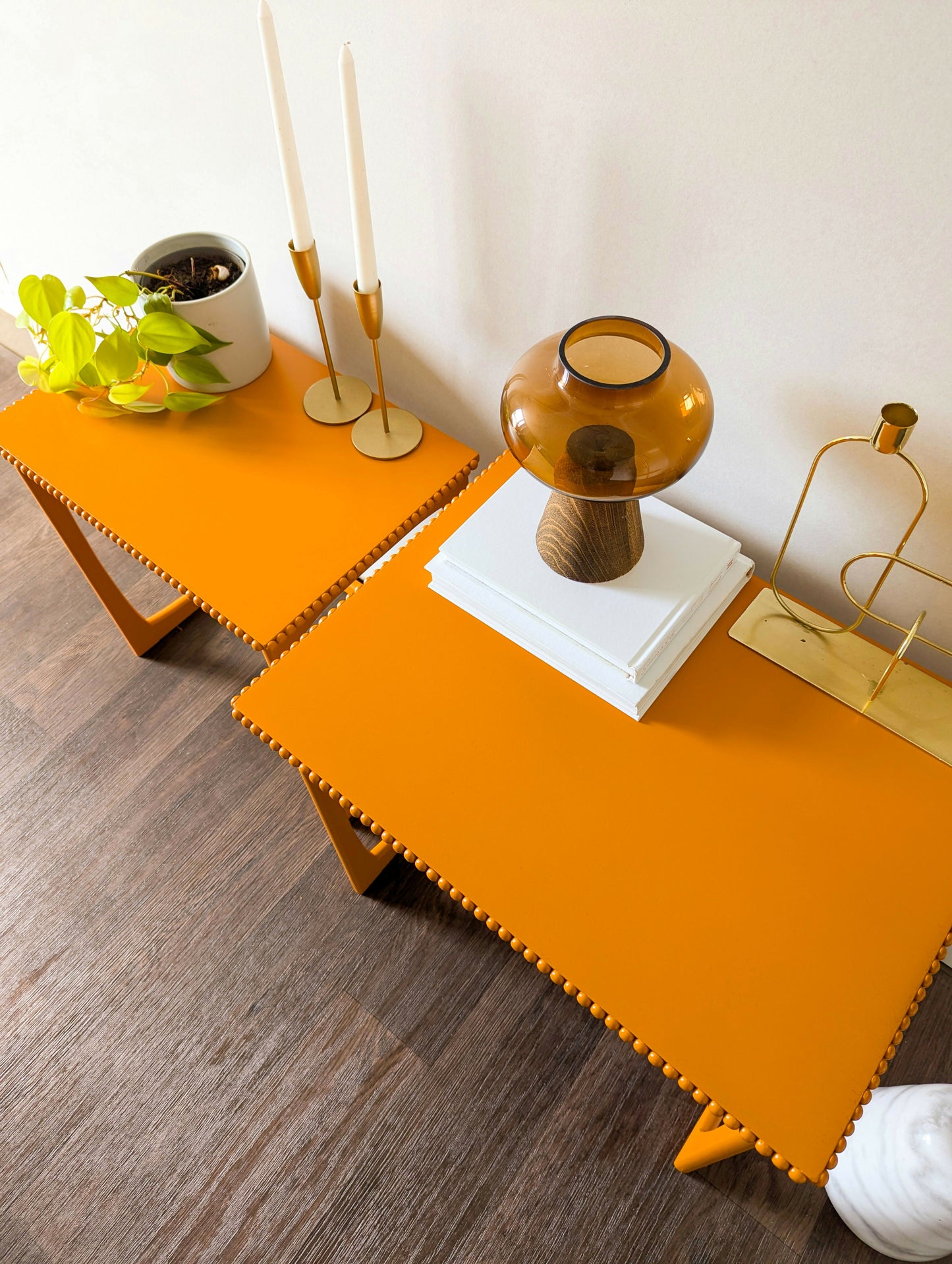 Pair of Bright Orange Side Tables/End Tables with Bobbin Details