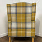 Modern Tartan Fireside Armchair – Upholstered Accent Chair in Mustard, Blue & White