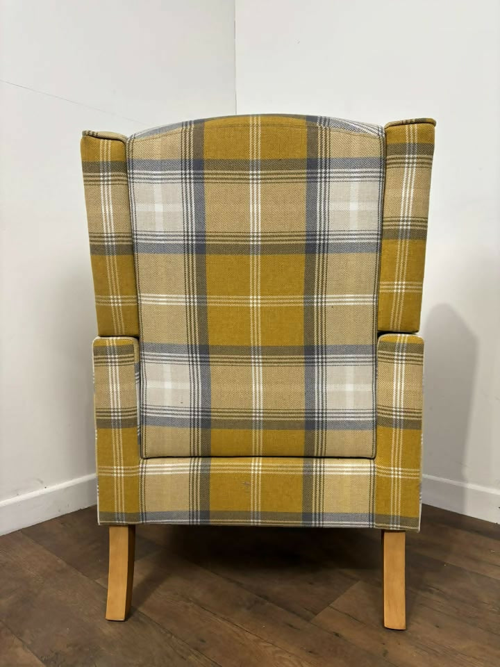 Modern Tartan Fireside Armchair – Upholstered Accent Chair in Mustard, Blue & White