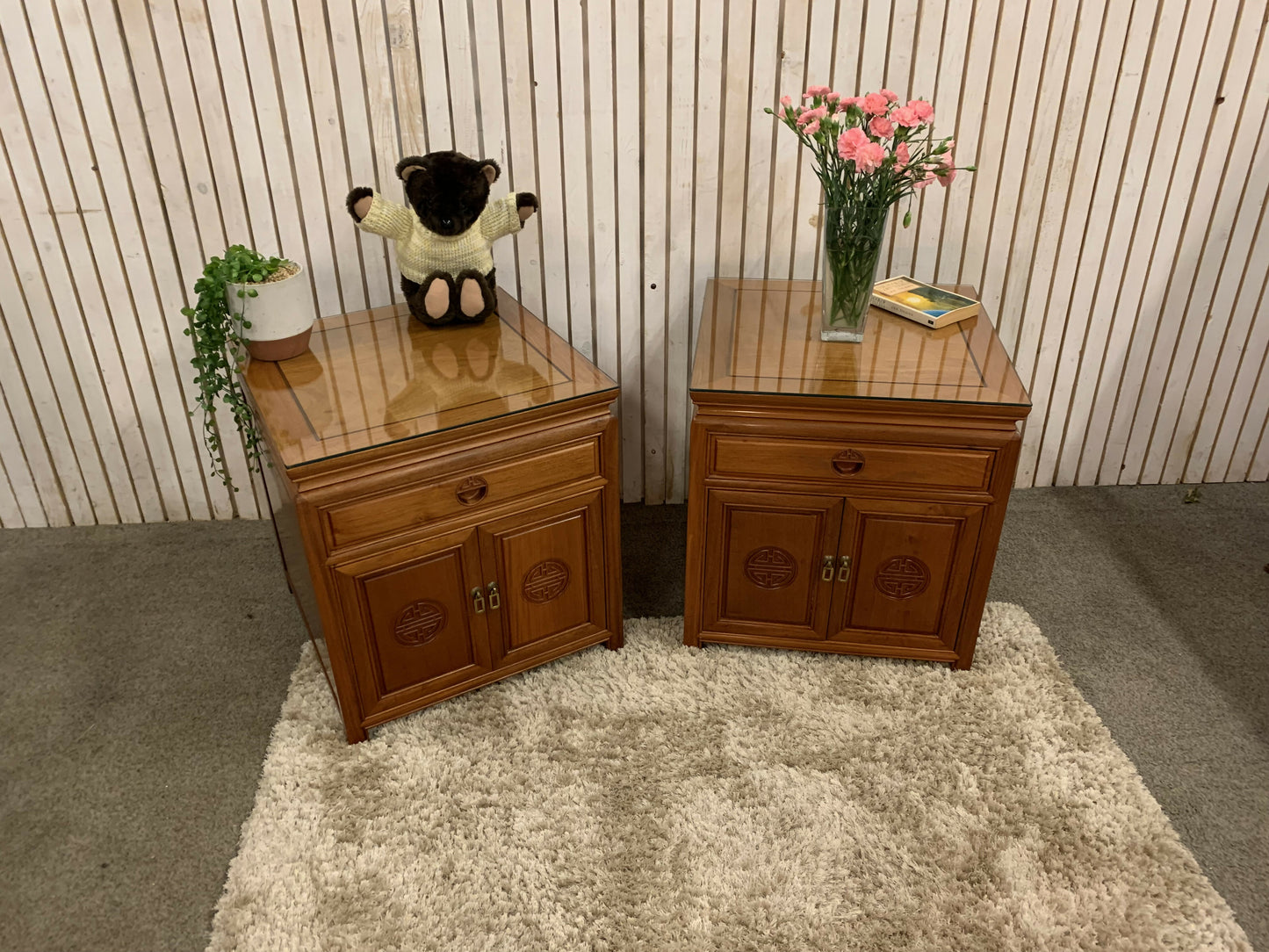 Two End Table/ bedside Carved Chinese with 1 drawer ,2 door and a glass top
