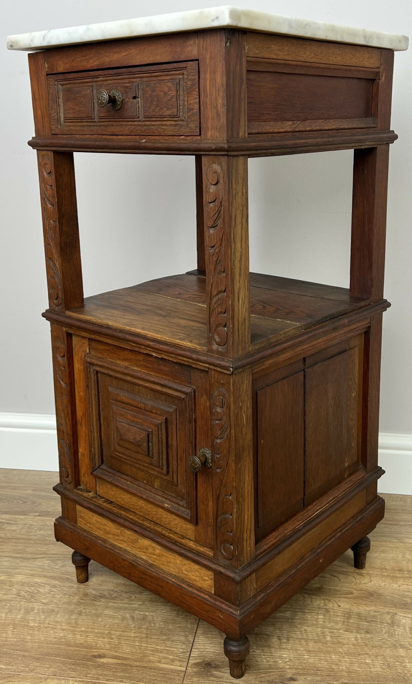 Bedside Table Antique French Marble Top Oak Cabinet Carved Cupboard LOT 6352