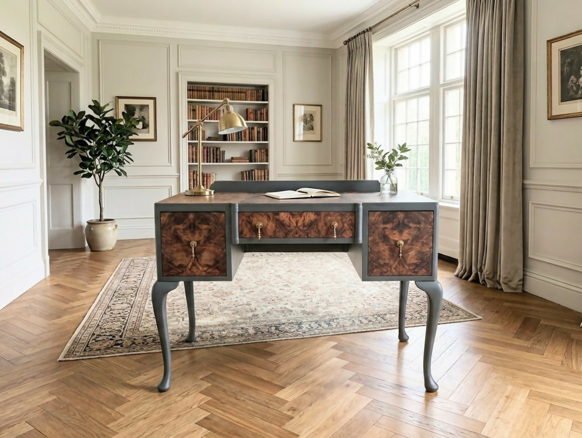 Vintage Art Deco dark green Walnut Burr Wood Desk Writing Table