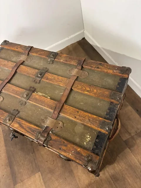 Victorian Oak Bound Travellers Trunk – Steamer Trunk with Original Travel Labels