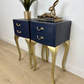 Vintage Navy Blue and Gold French Louis Style Bedside Tables, nightstands, Cabriole Legs