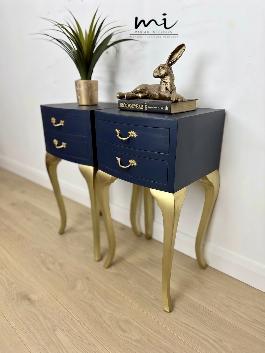 Vintage Navy Blue and Gold French Louis Style Bedside Tables, nightstands, Cabriole Legs