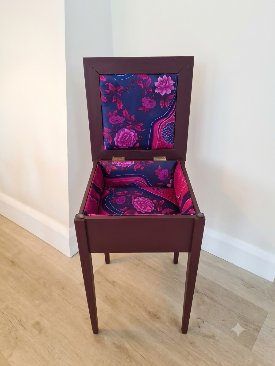 Antique Sewing Box Table — Aubergine painted, Silk lined