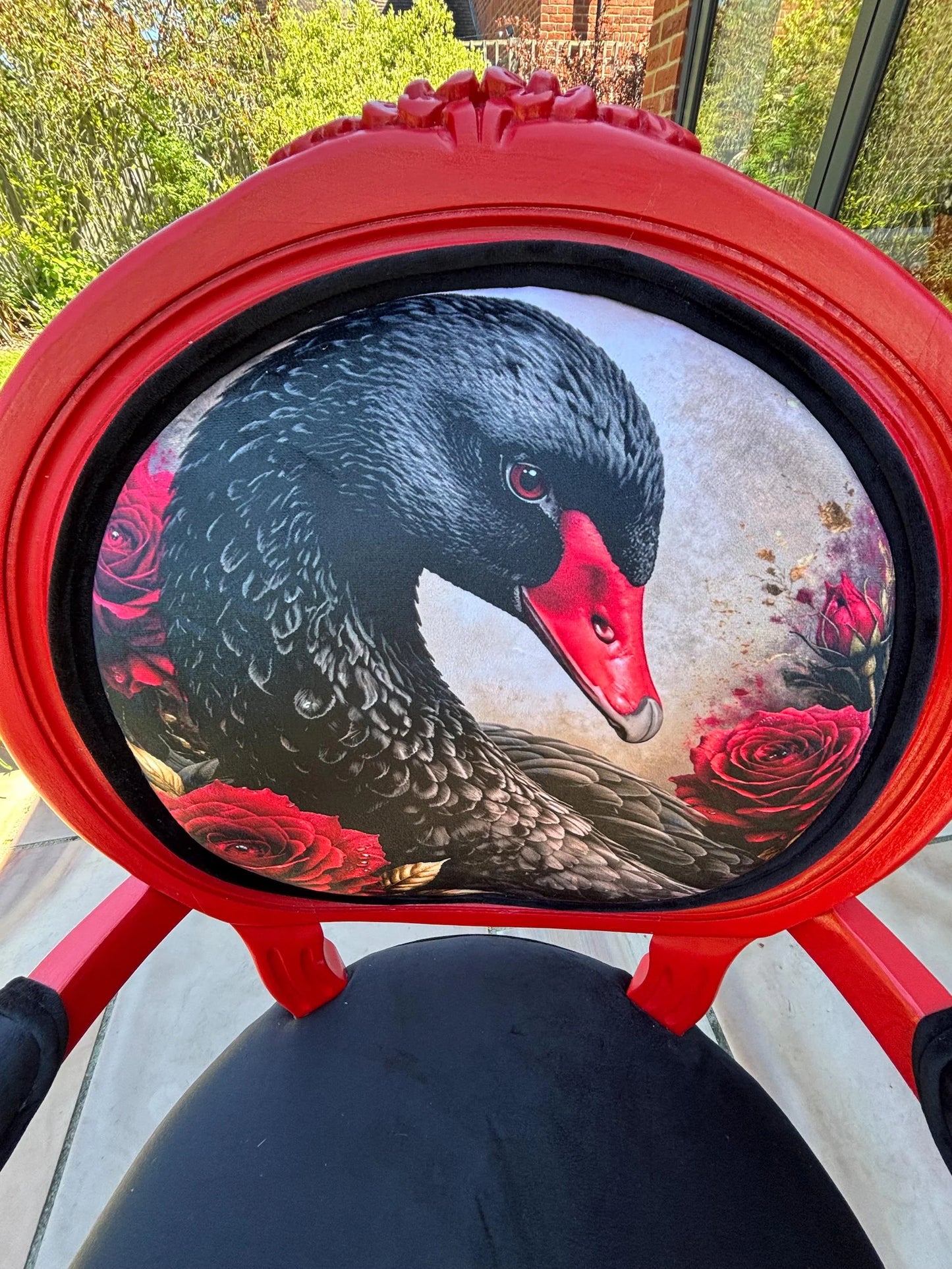 Black Swan Armchair, Hand-Painted Red Frame, Velvet Seating, Artistic Accent Chair