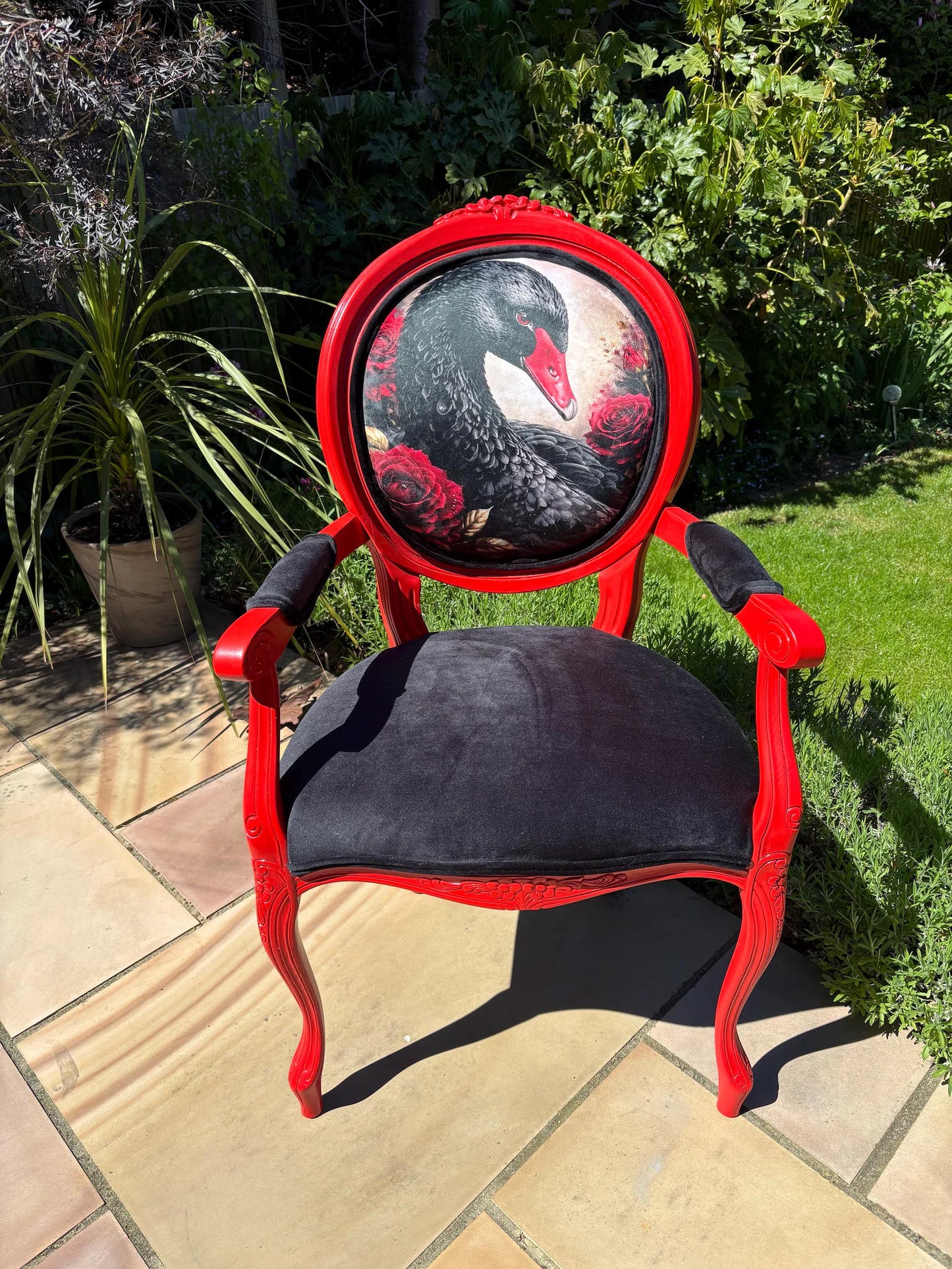 Black Swan Armchair, Hand-Painted Red Frame, Velvet Seating, Artistic Accent Chair