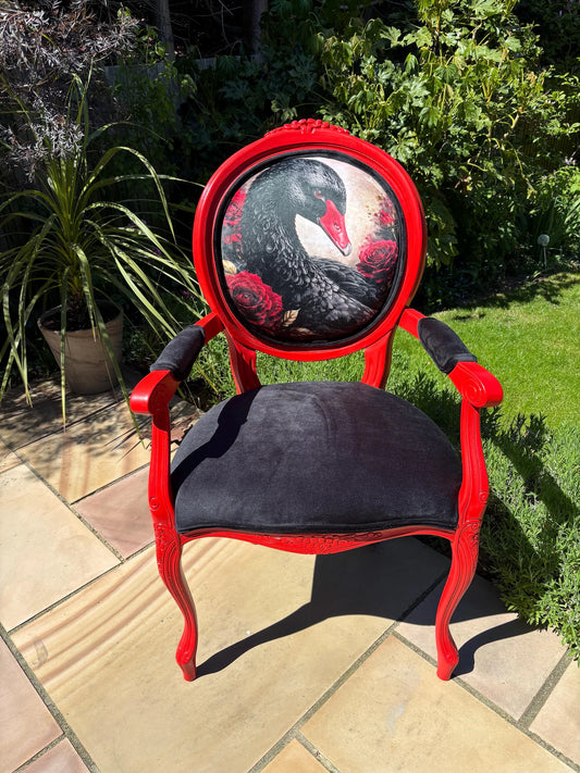 Black Swan Armchair, Hand-Painted Red Frame, Velvet Seating, Artistic Accent Chair