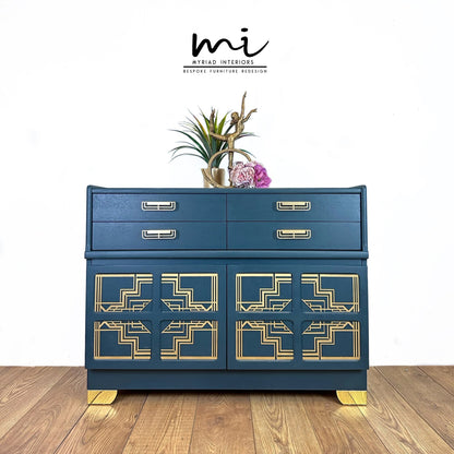Nathan sideboard in deep teal, gold art deco, mid century, vintage, cocktail cabinet, media unit, dresser, retro