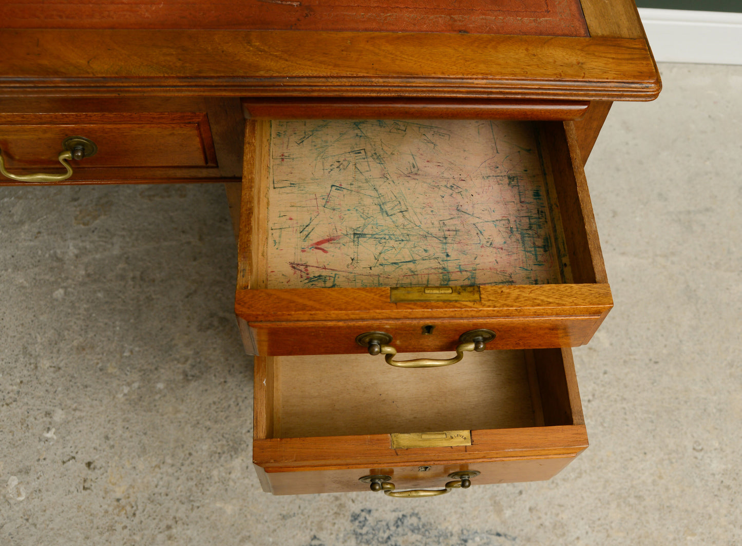 Art Deco Walnut Pedestal Desk with Red Leather Top - Cooke's of Finsbury