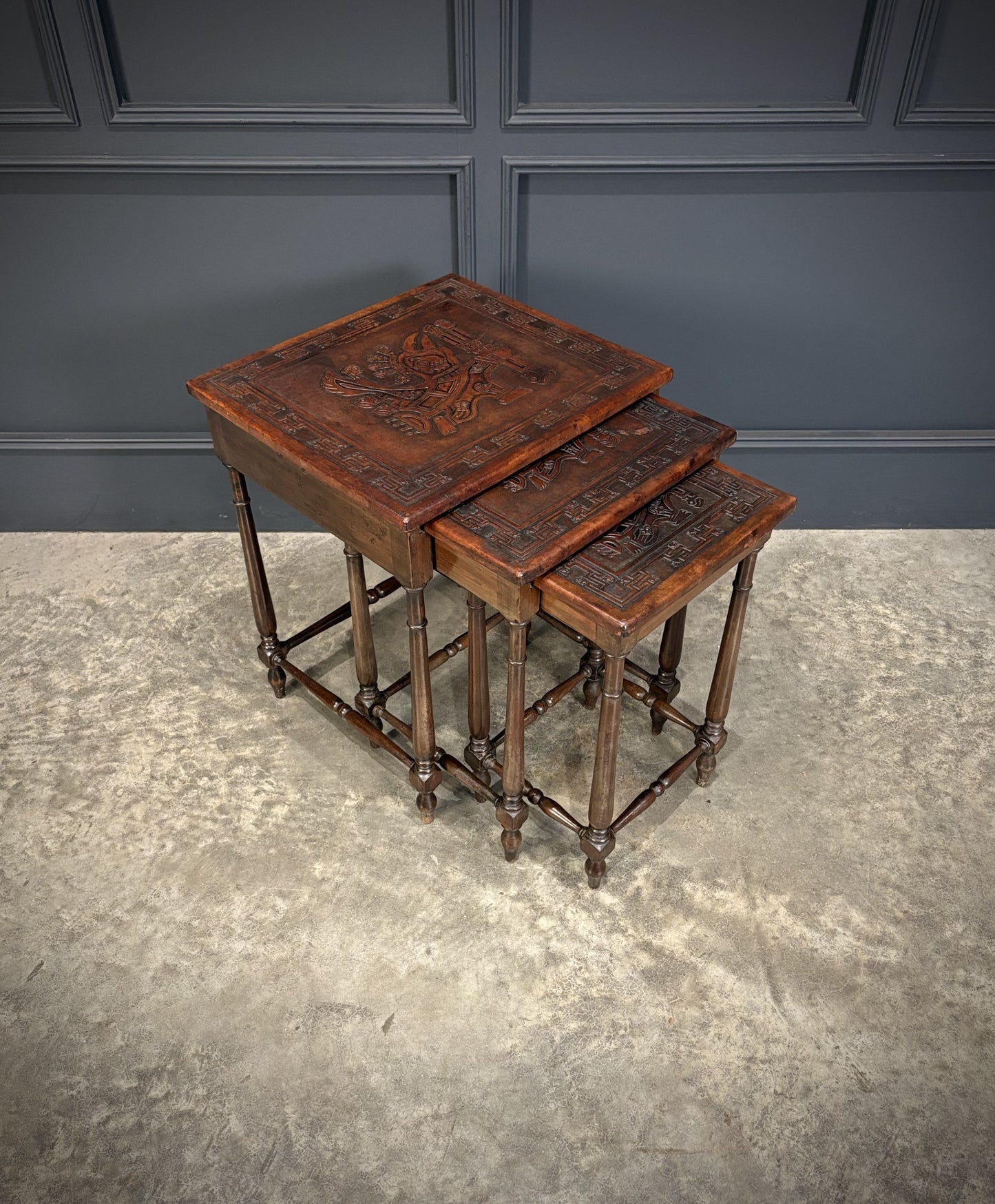 Nest Of Three Embossed Carved Leather Top Tables
