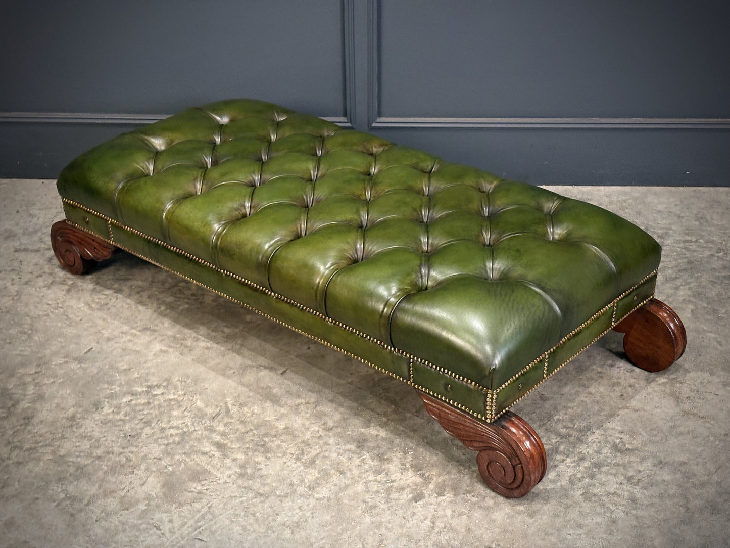 Vintage Regency Green Buttoned Leather Footstool