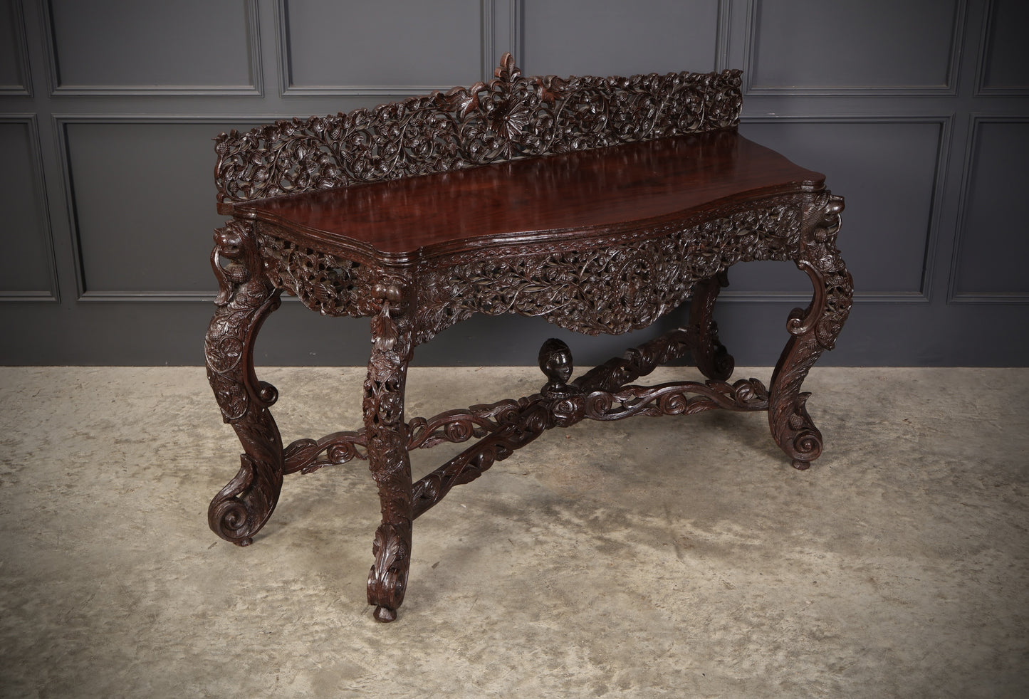 Antique Gothic Burmese Carved Padauk Wood Side Table