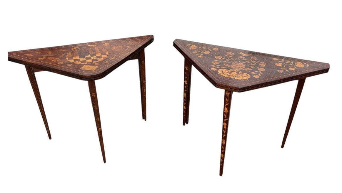 Pair 18th Century Dutch Marquetry Antique Games Tables, With Fold Over Lid & Card Playing Area