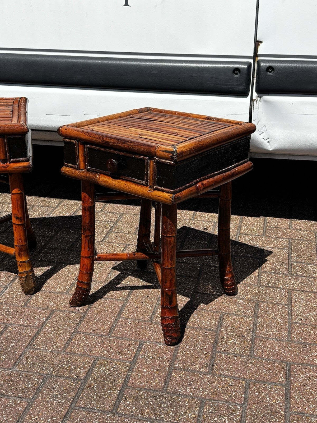 Pair Vintage Bamboo Bedside Tables, Lamp Tables, Side Tables. Each With Drawer.