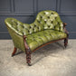 Vintage Victorian Green Buttoned Leather Double Spoon Back Sofa