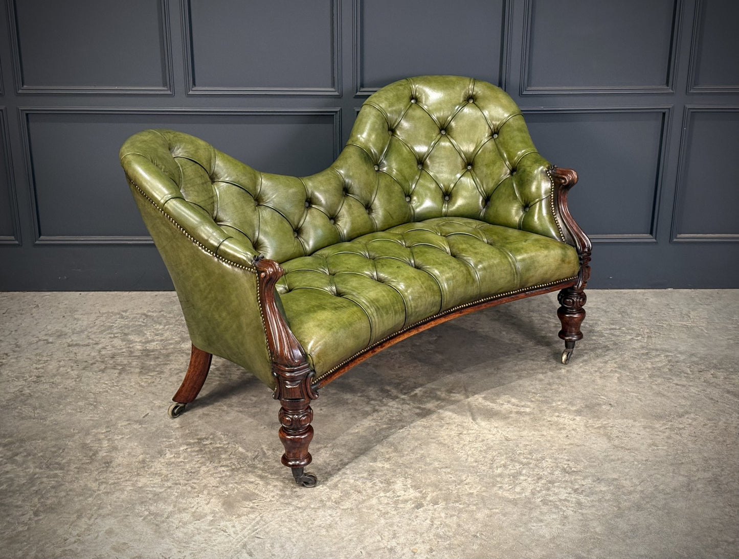 Vintage Victorian Green Buttoned Leather Double Spoon Back Sofa