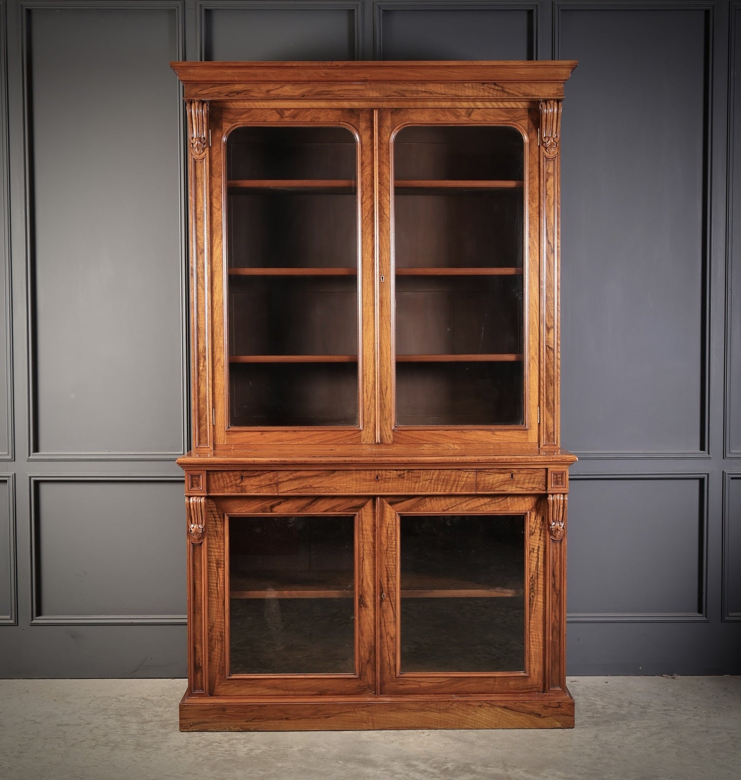 Fine William IV Walnut Vintage Glazed Bookcase Display Cabinet