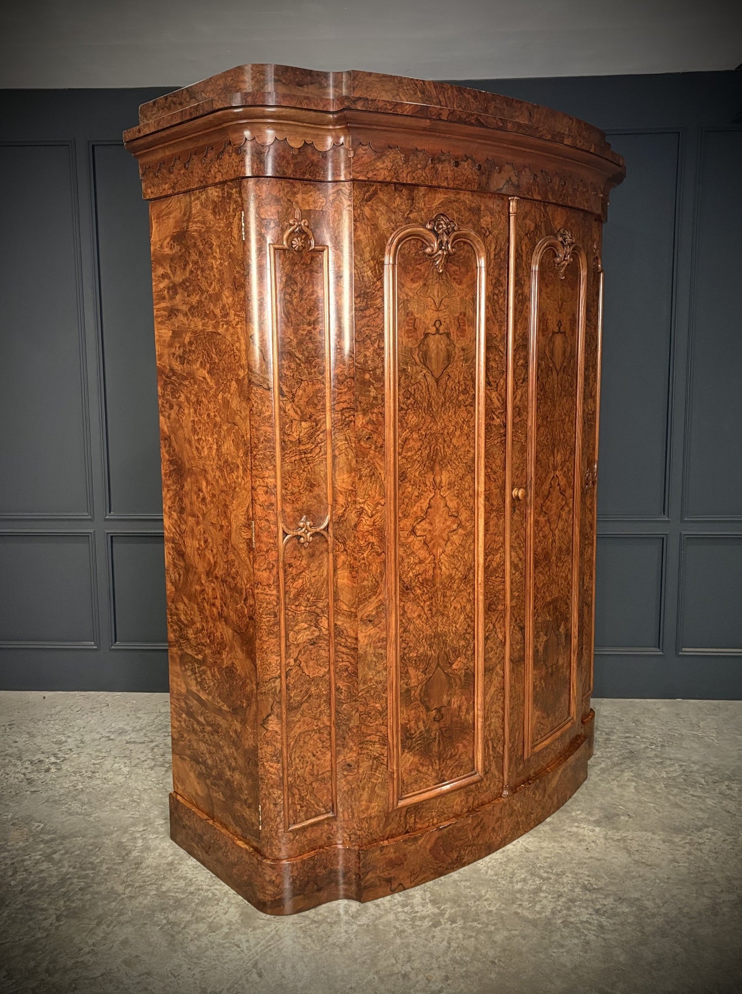 Large Victorian Bow Front Walnut Art Deco Wardrobe