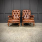 Pair Of Oak & Buttoned Vintage Leather Library Armchairs