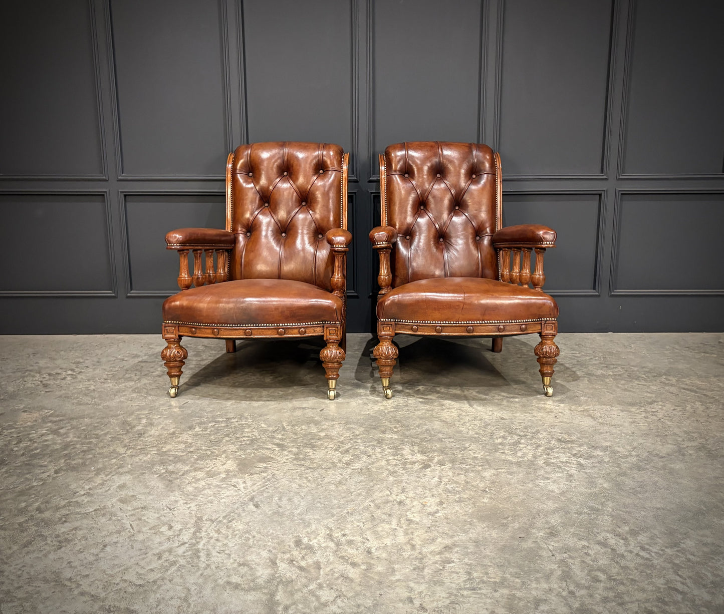 Pair Of Oak & Buttoned Vintage Leather Library Armchairs