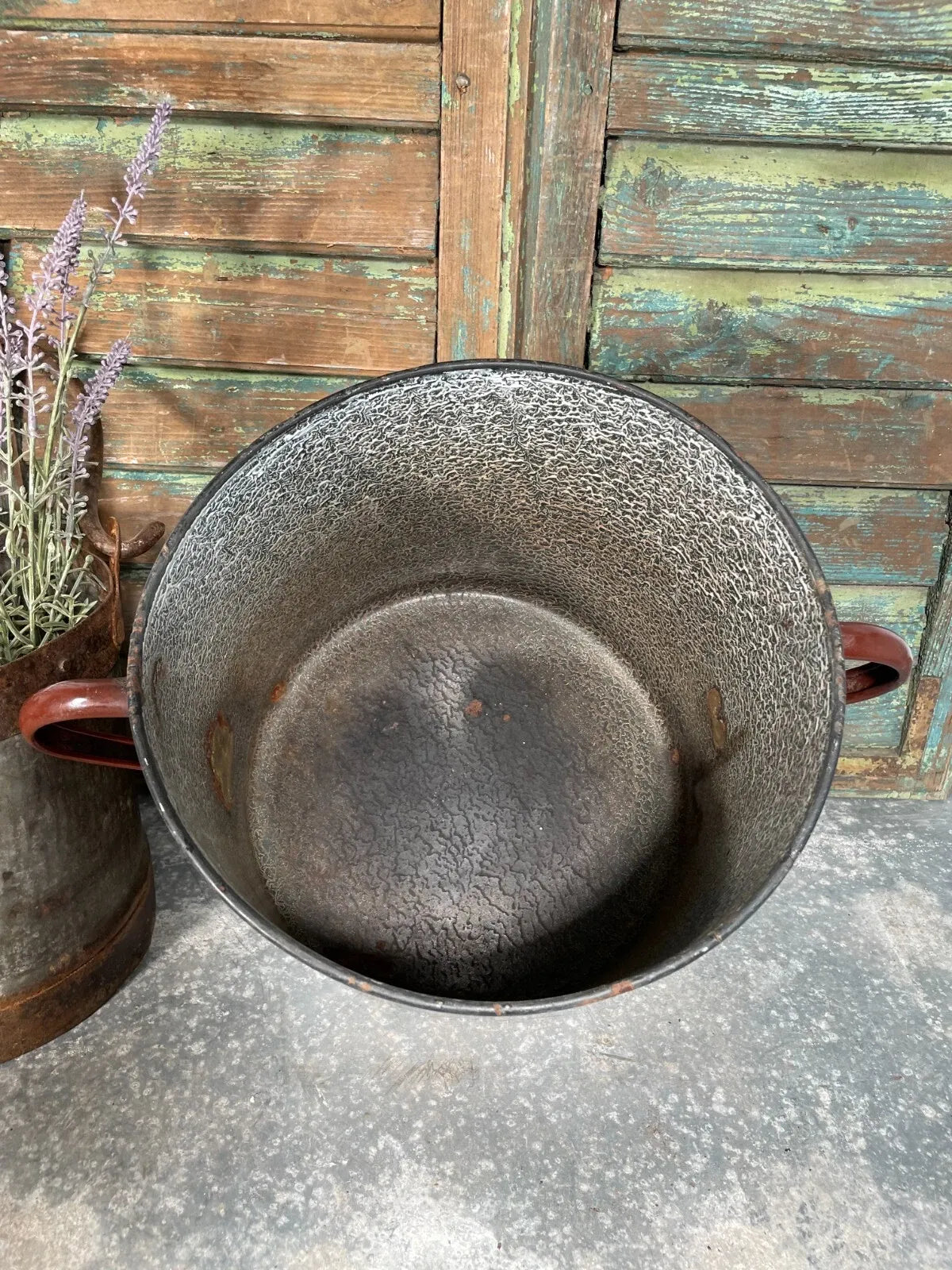 Vintage French Brown Enamel Cooking Pot Tub Garden Planter