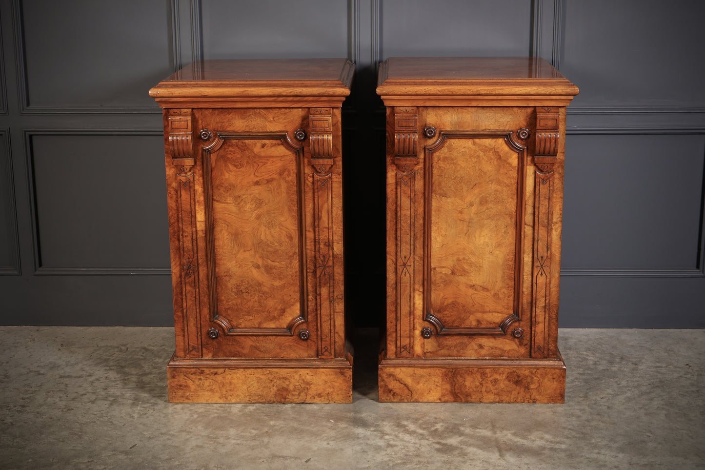 Large Pair Of Vintage Figured Walnut Pedestal Cabinets