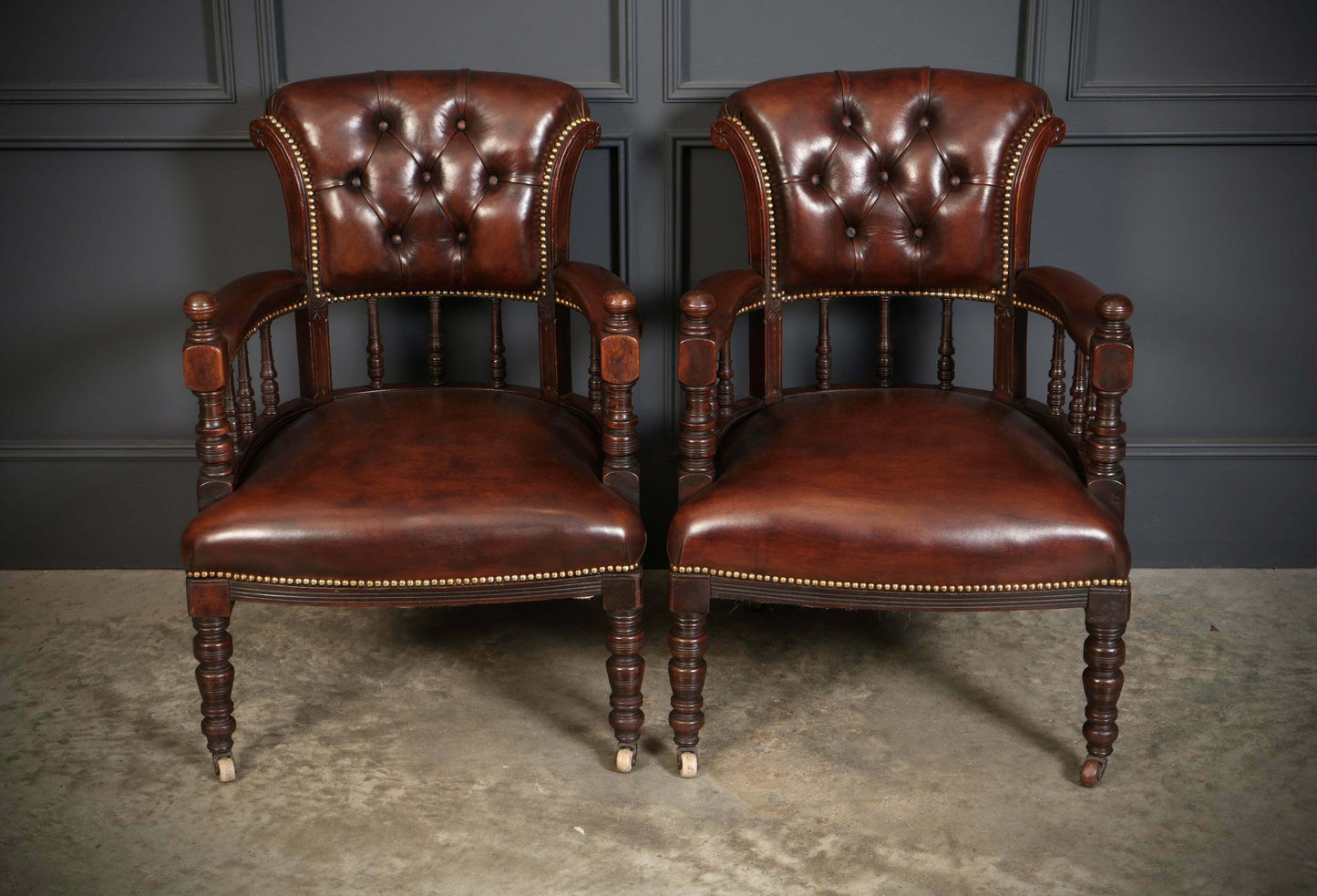 Pair Of Vintage Victorian Mahogany & Buttoned Leather Captains Desk Chairs