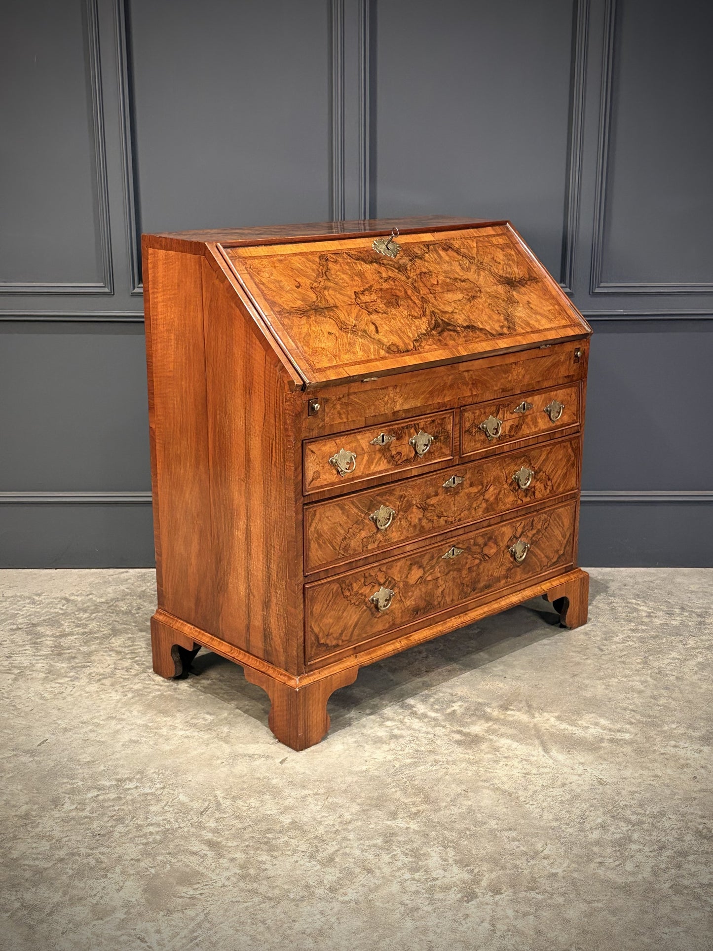Queen Anne Art Deco Figured Walnut Writing Bureau