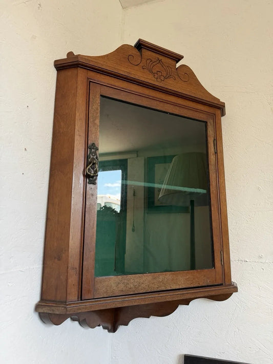 Vintage Art Nouveau Glazed Corner Wall Cupboard Collectors Display Cabinet