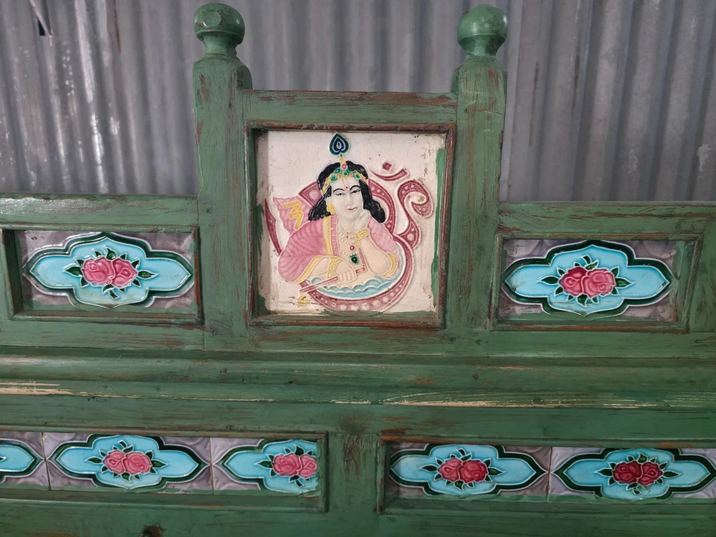 Green Vintage Indian Colonial Solid Wooden Glazed Sideboard Drinks Cabinet