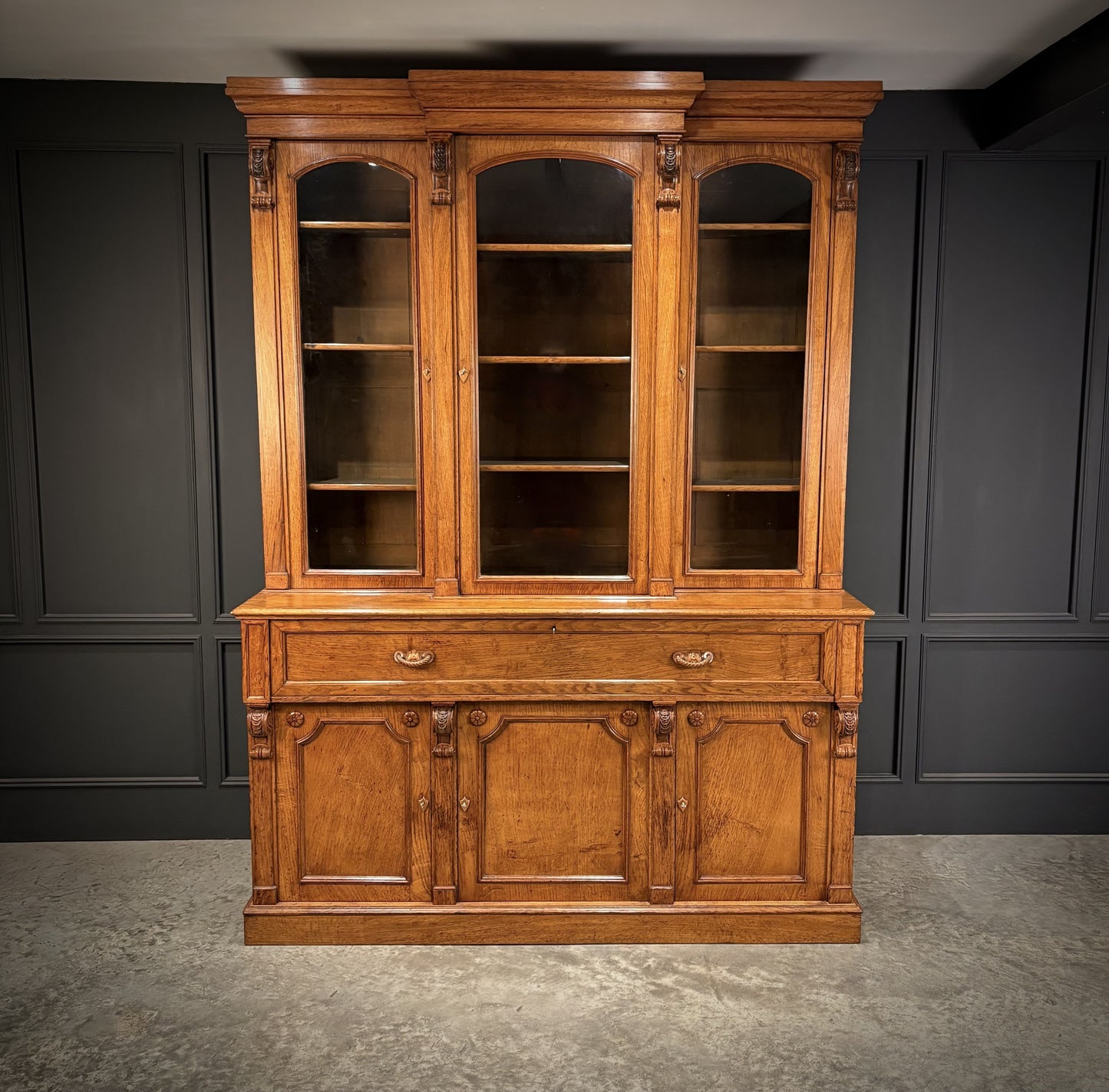 Large Vintage Early Victorian Breakfront Oak Bookcase