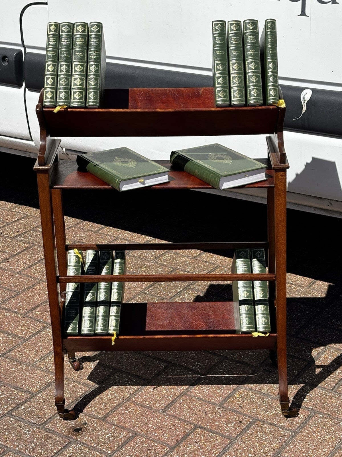 Edwardian Mahogany Book Trough On Brass Castors. Small Bookcase.