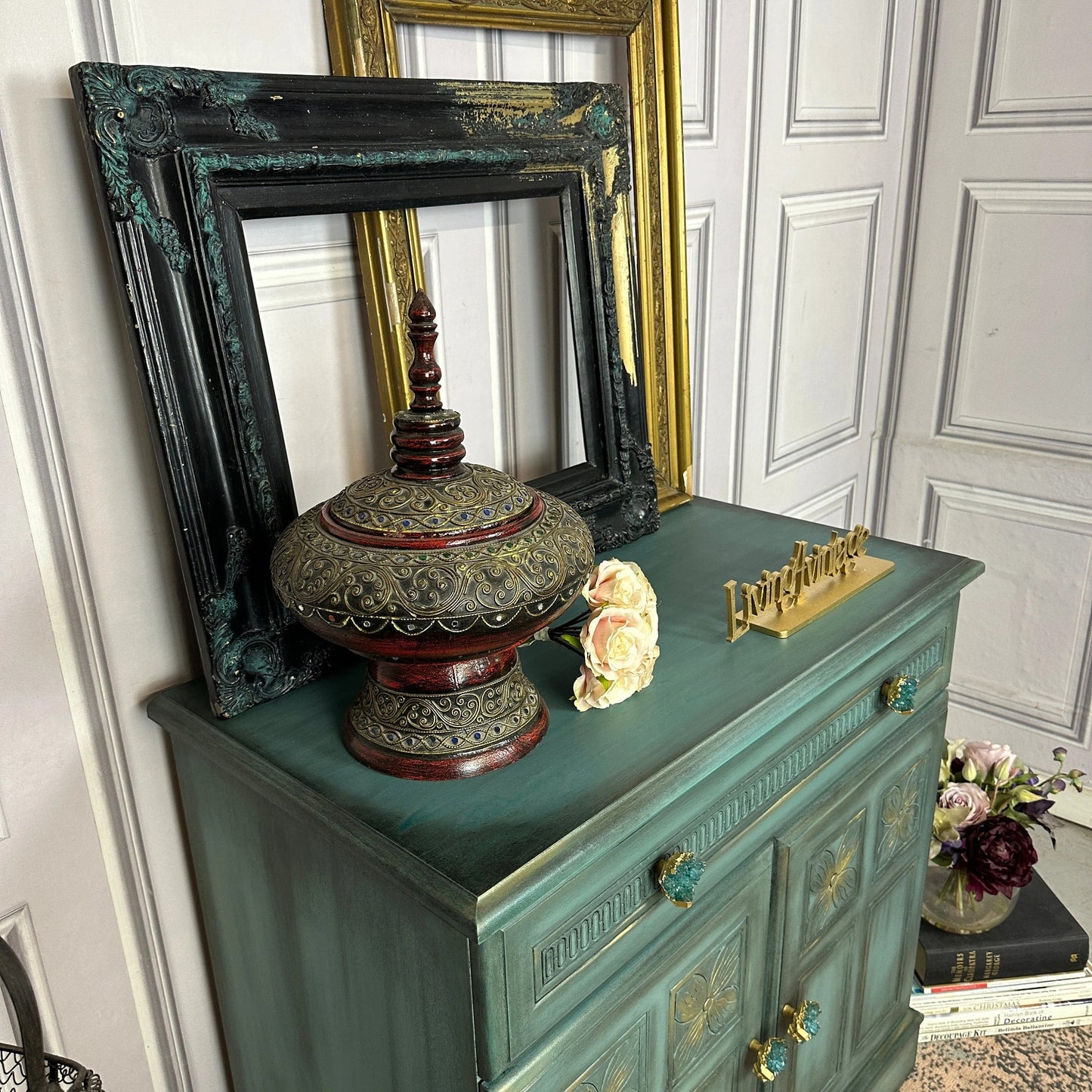 Vintage Painted Cabinet Moody Look Turquoise Cabinet with Carvings