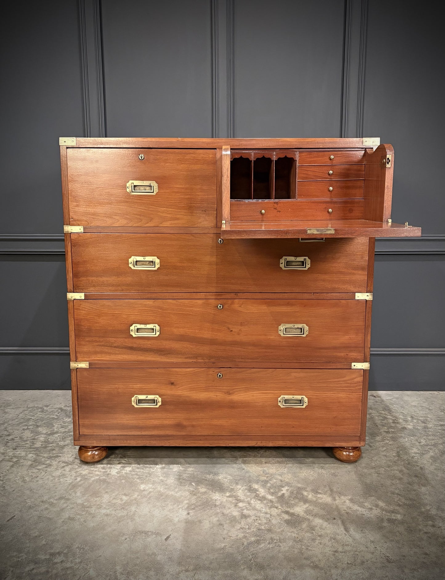 Vintage Tall Boy Mahogany Military Campaign Secretaire Chest