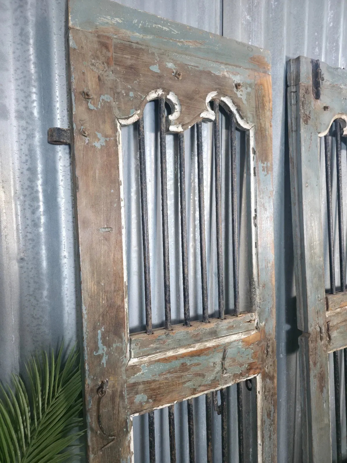 Vintage Pair of Rustic Indian Wooden Iron Doors Garden Gates Room Divider Screen