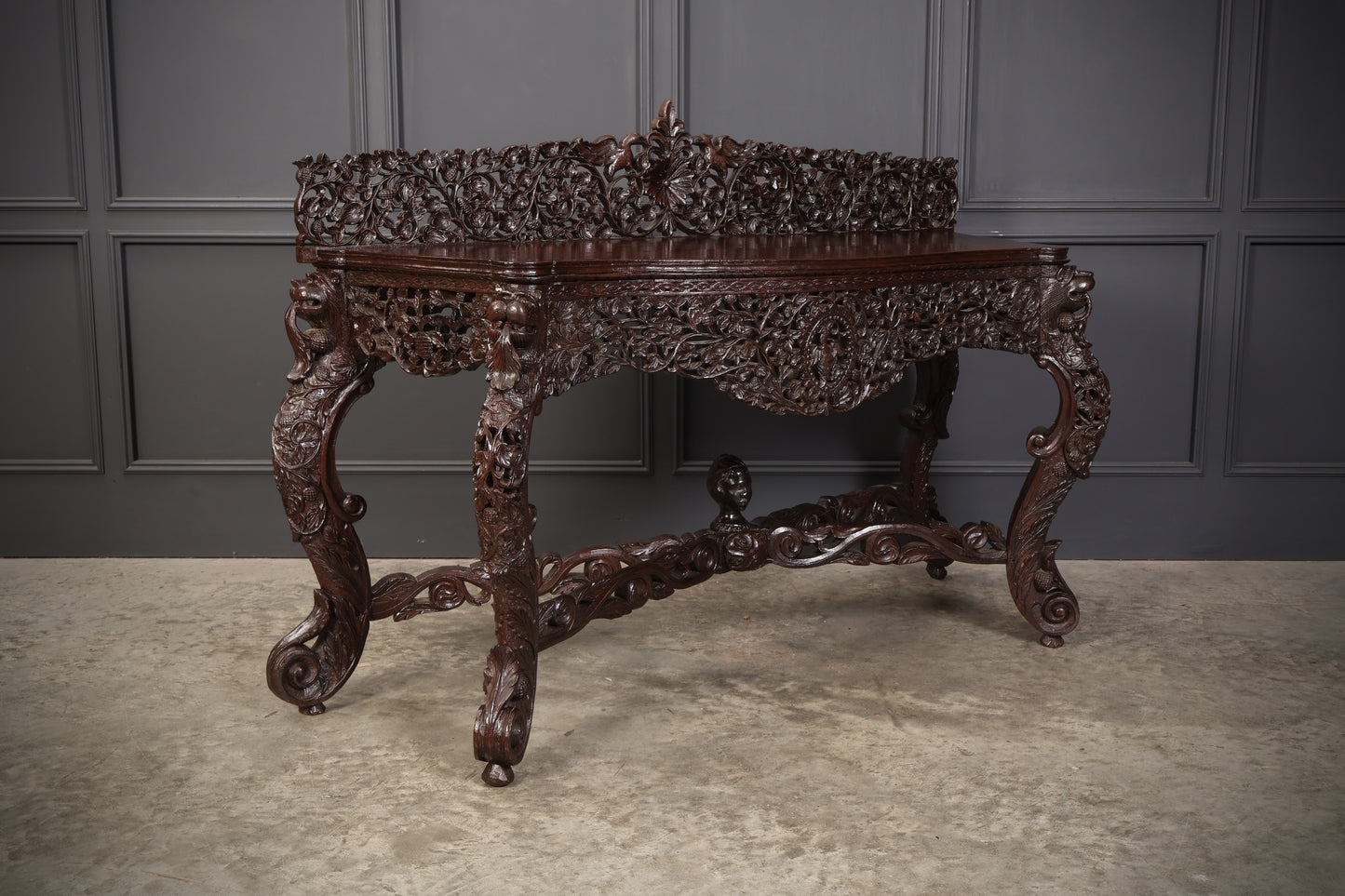 Antique Gothic Burmese Carved Padauk Wood Side Table